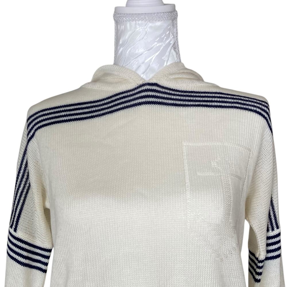 Vintage White Navy Stripe Knit Hoodie Sweater Embroidered Patch Womens Small - Picture 4 of 16